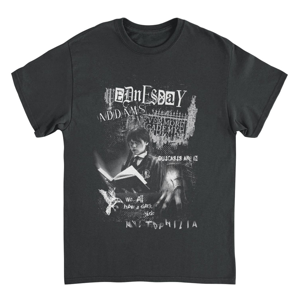 Black t-shirt with white graphic design featuring a person and text on a white background