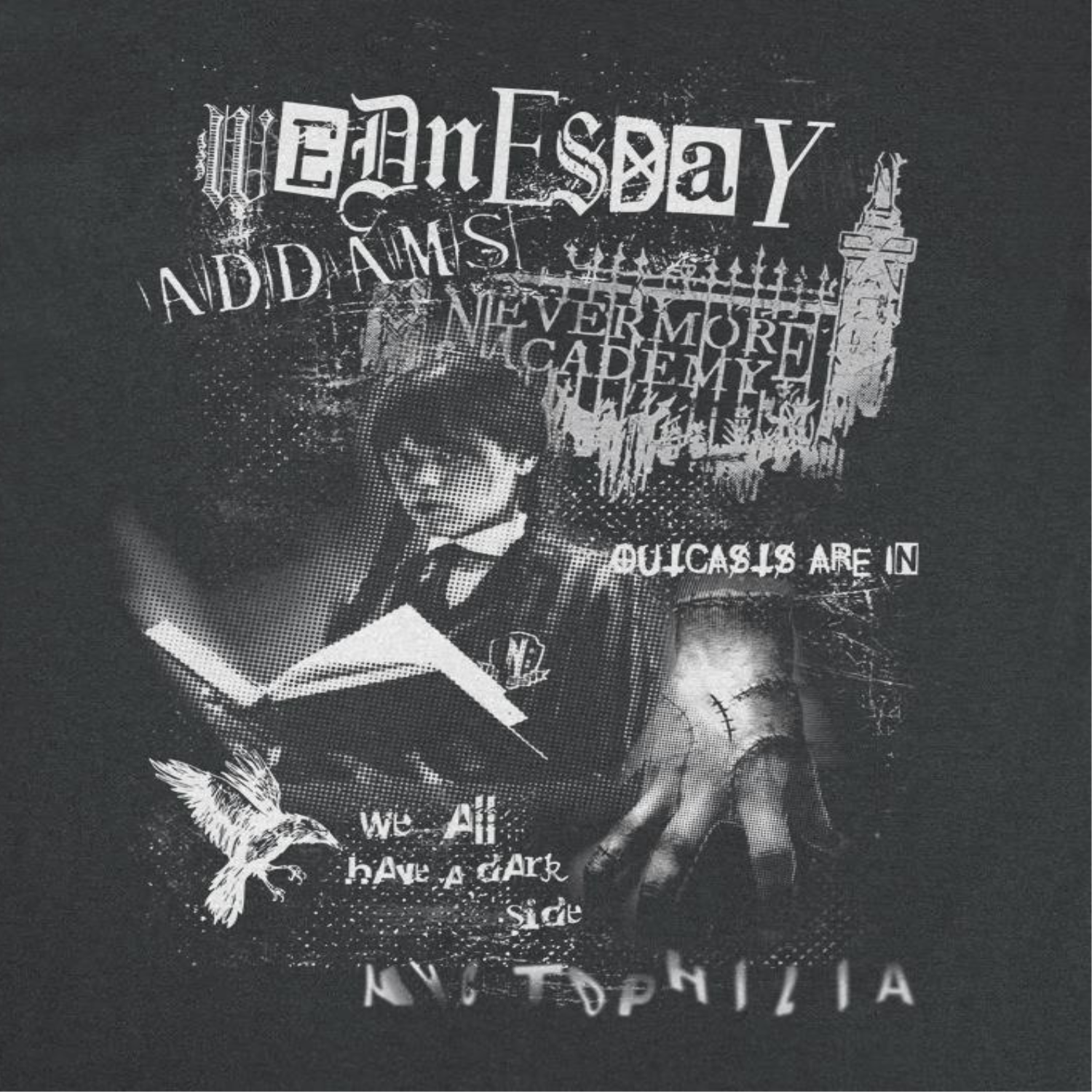 Black t-shirt with white graphic design featuring text and a person holding a book.