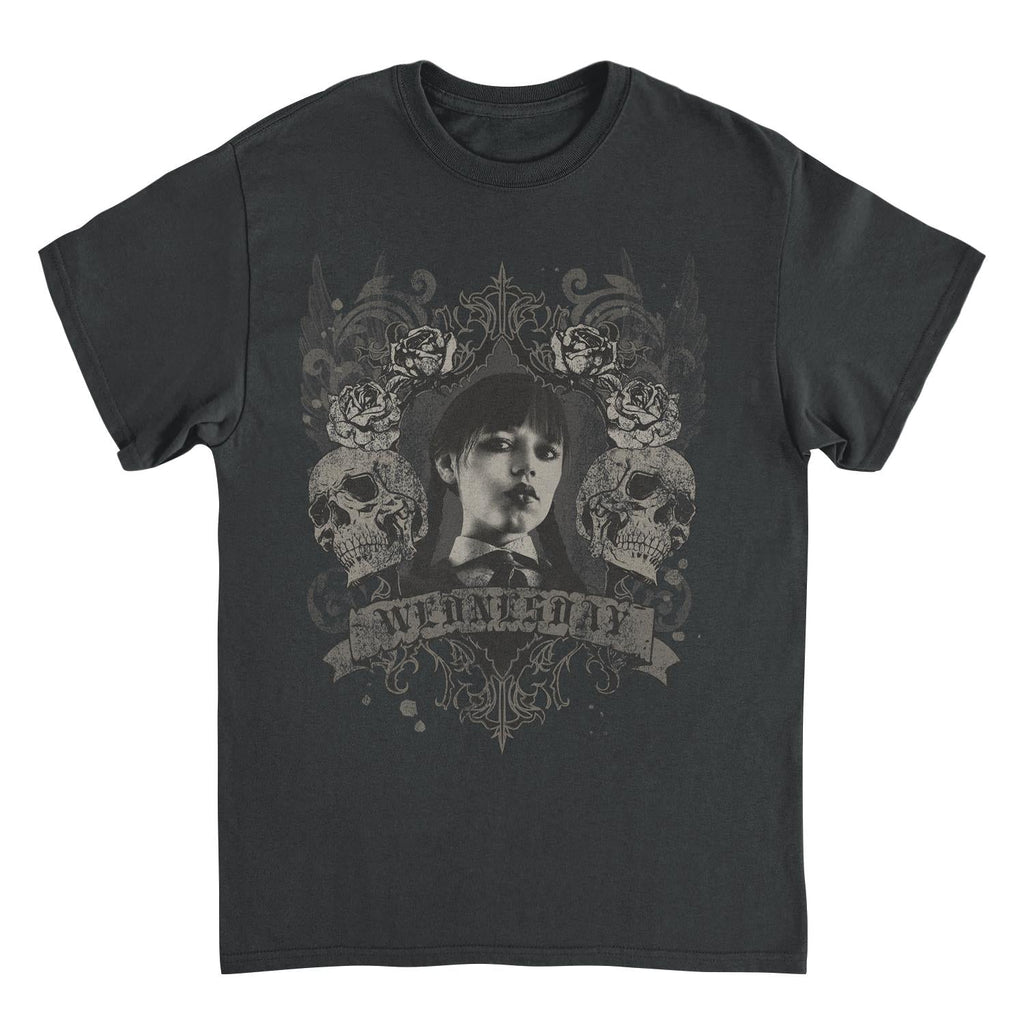 Wednesday Banner Roses Skulls Black T-Shirt