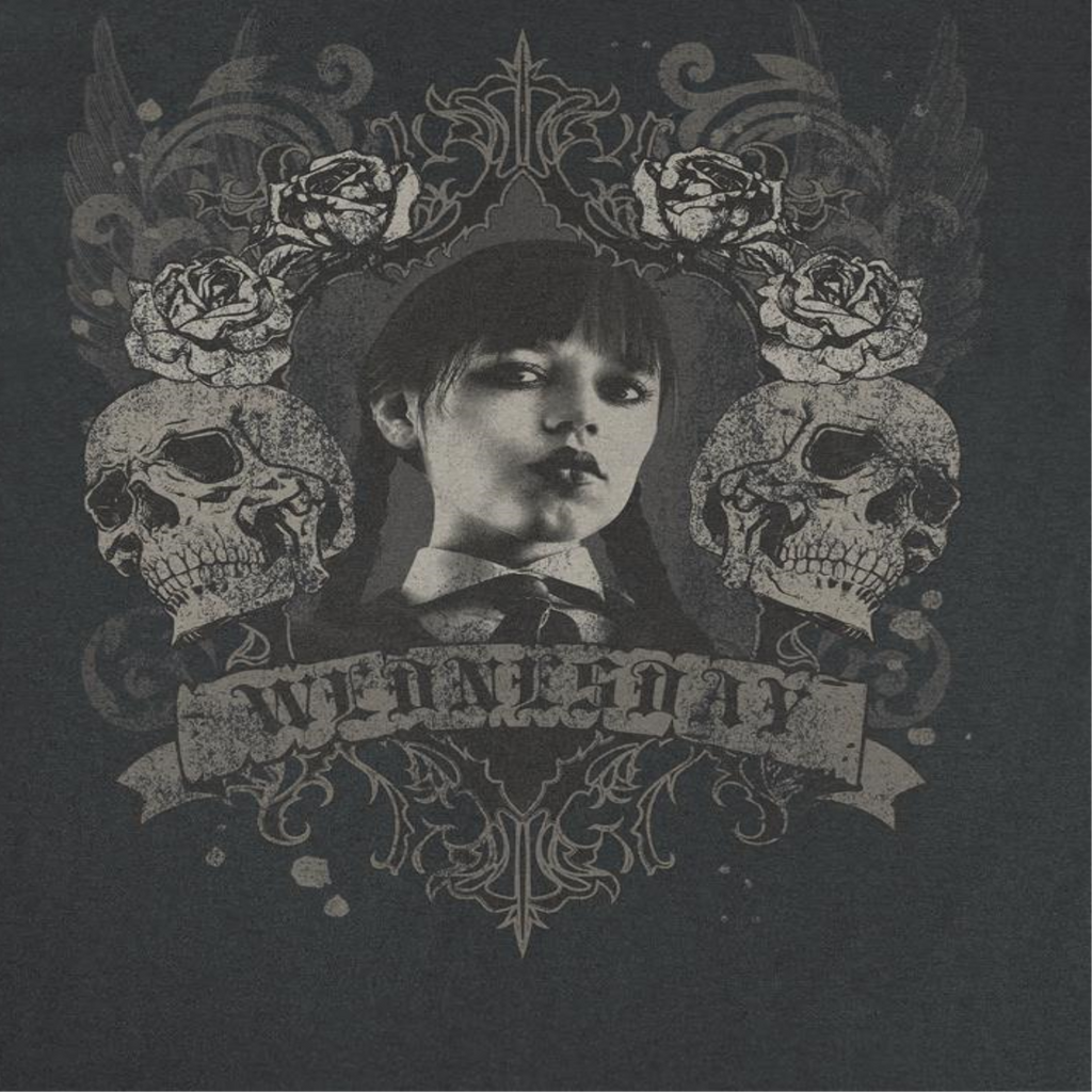 Wednesday Banner Roses Skulls Black T-Shirt
