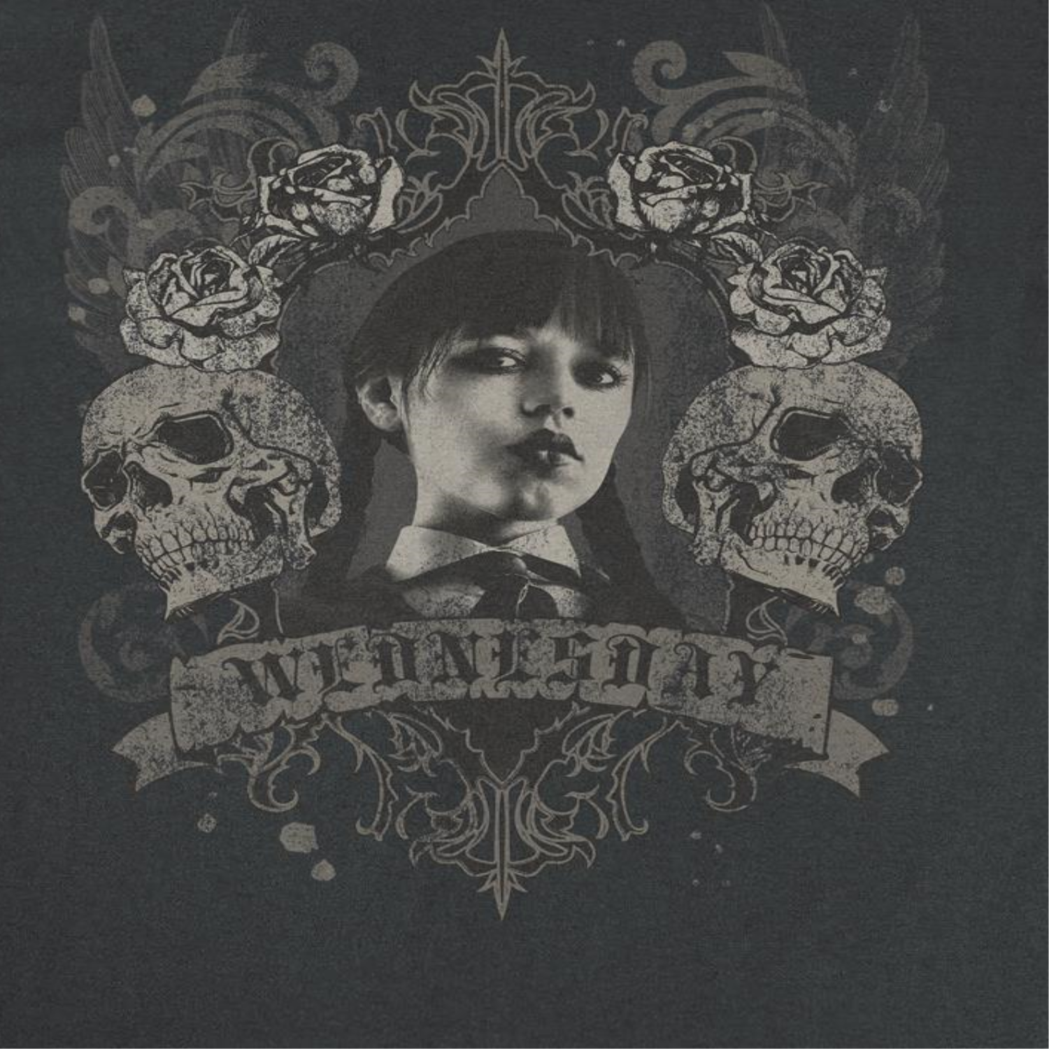Wednesday Banner Roses Skulls Black T-Shirt