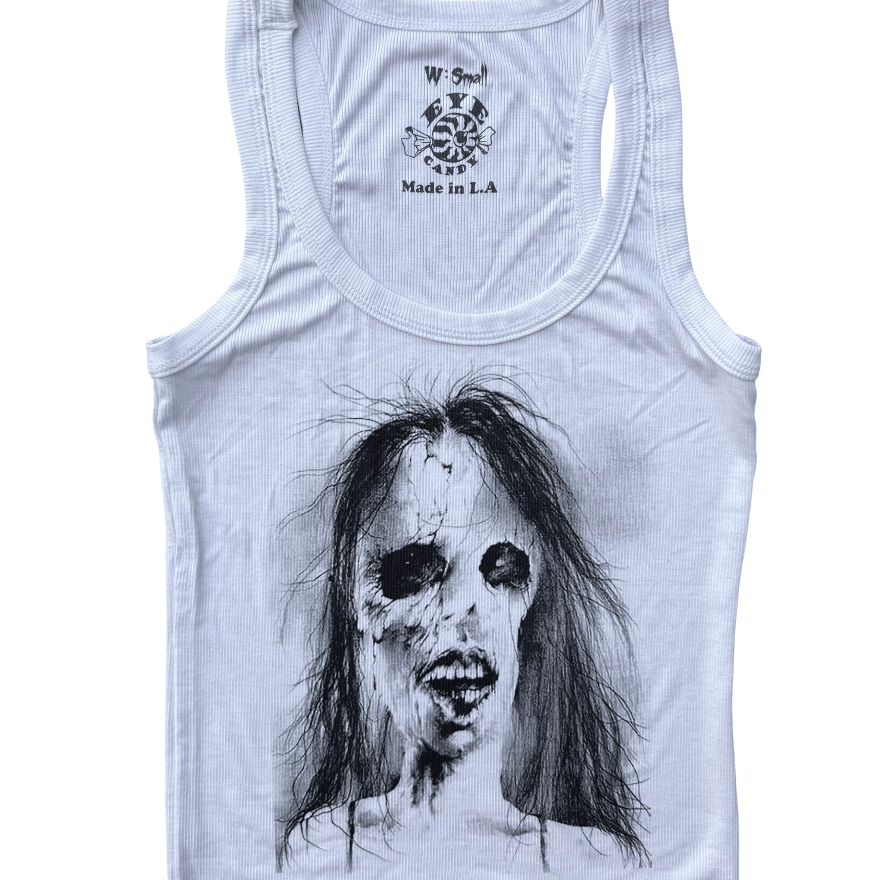 White tank top with a graphic design of a face and text on a white background
