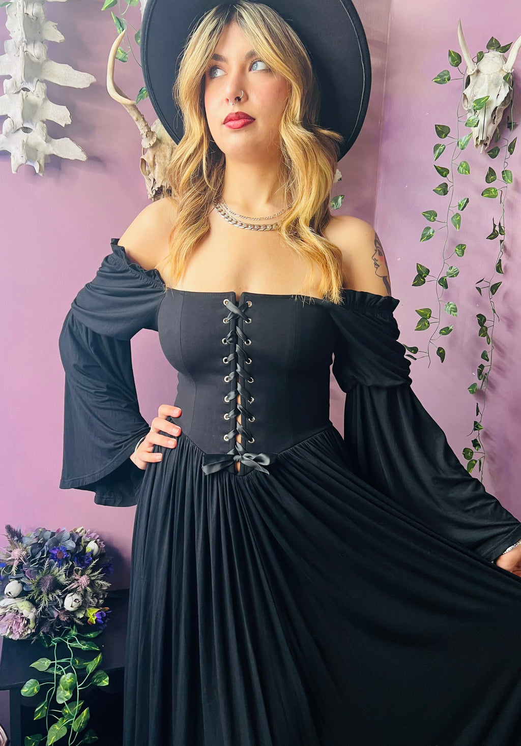 Witchwood Lilith Dark Cottage Goth Lace Up Jersey Dress