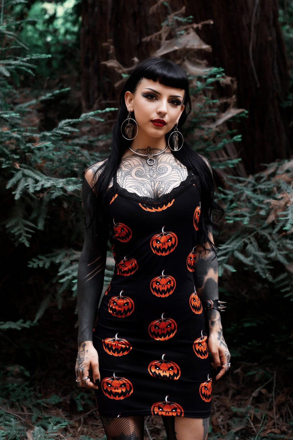 Vera's Eyecandy Halloween Pumpkins Print Lace Strap Dress
