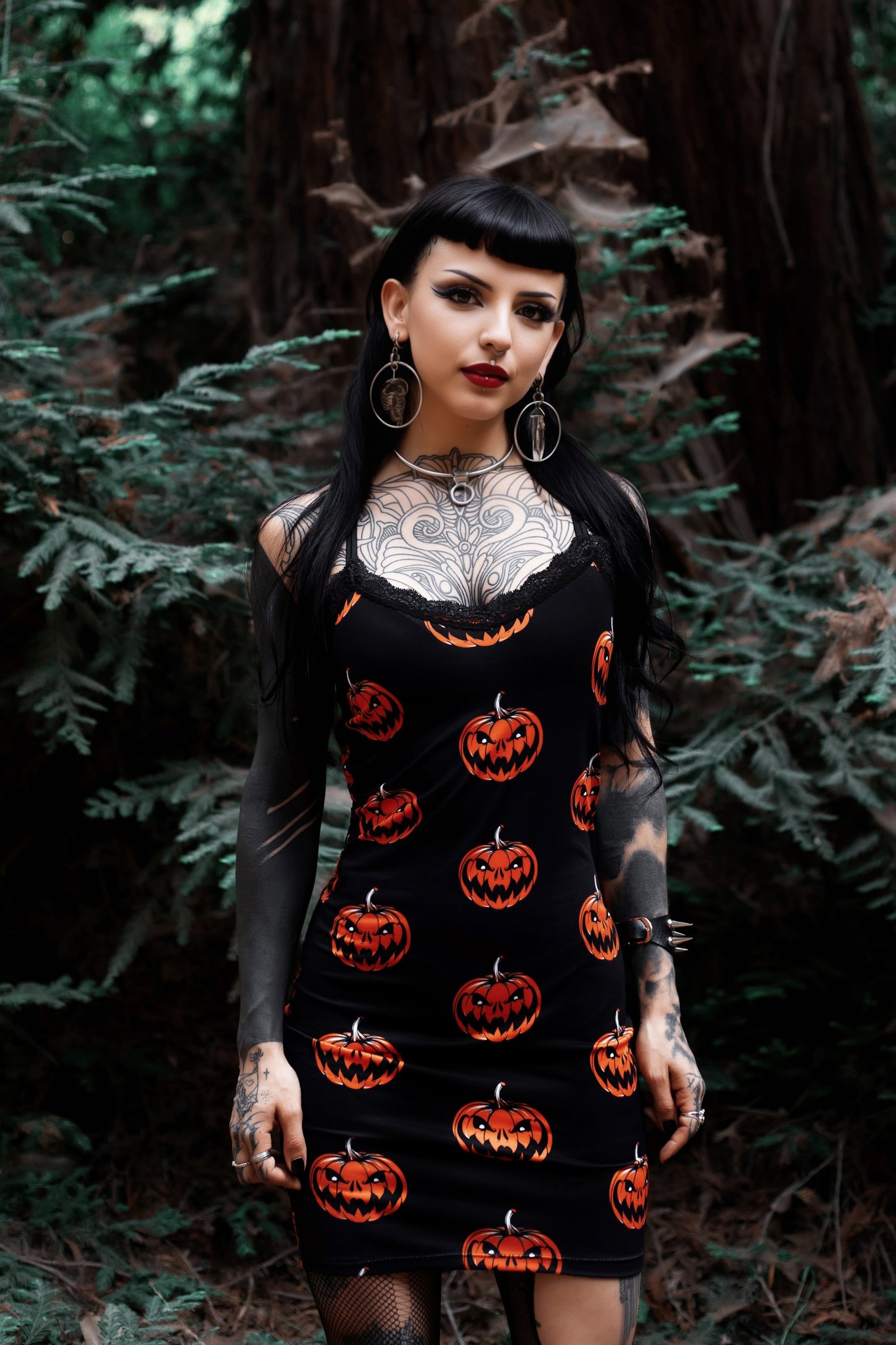 Vera's Eyecandy Halloween Pumpkins Print Lace Strap Dress