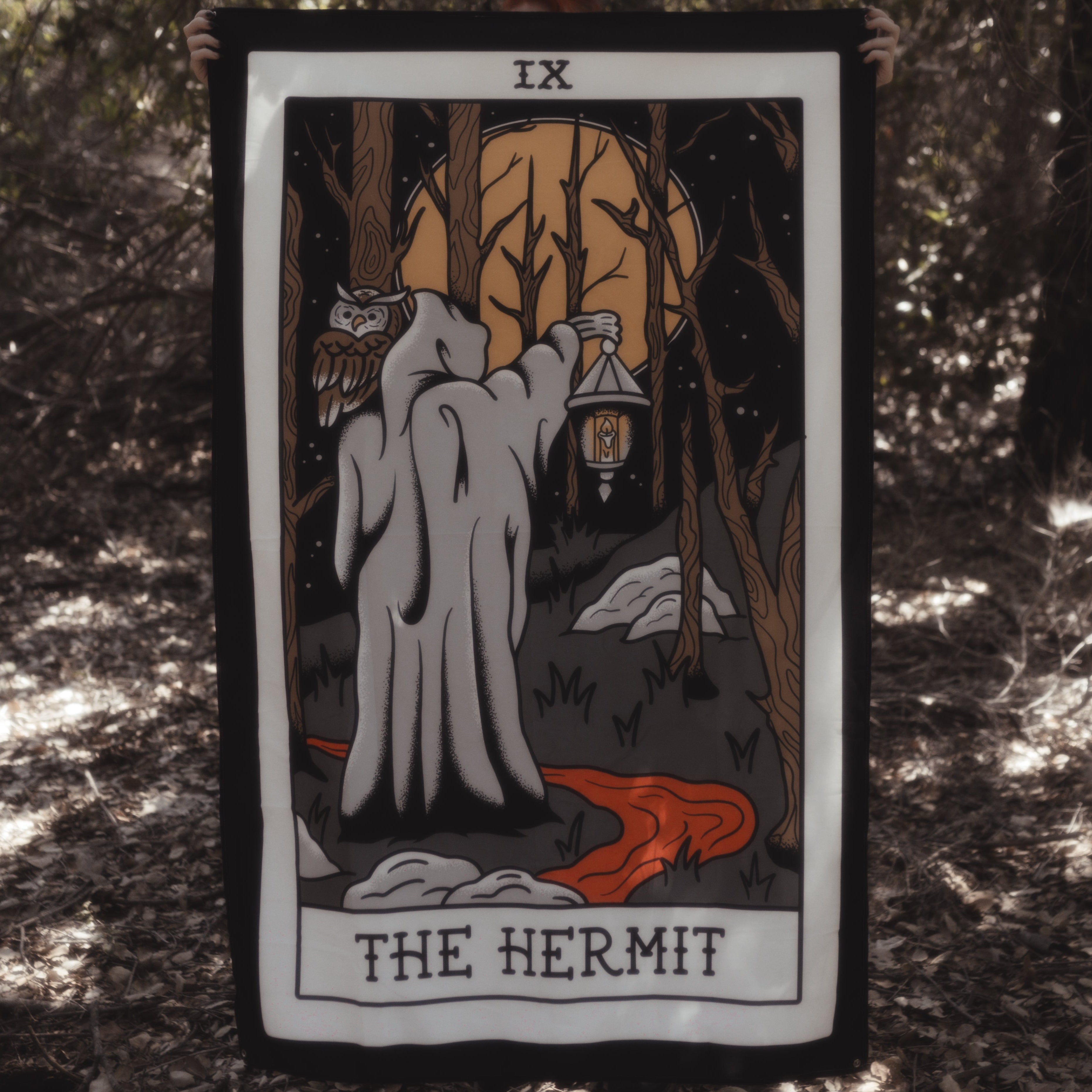 Tarot card 'The Hermit' held in a forest setting