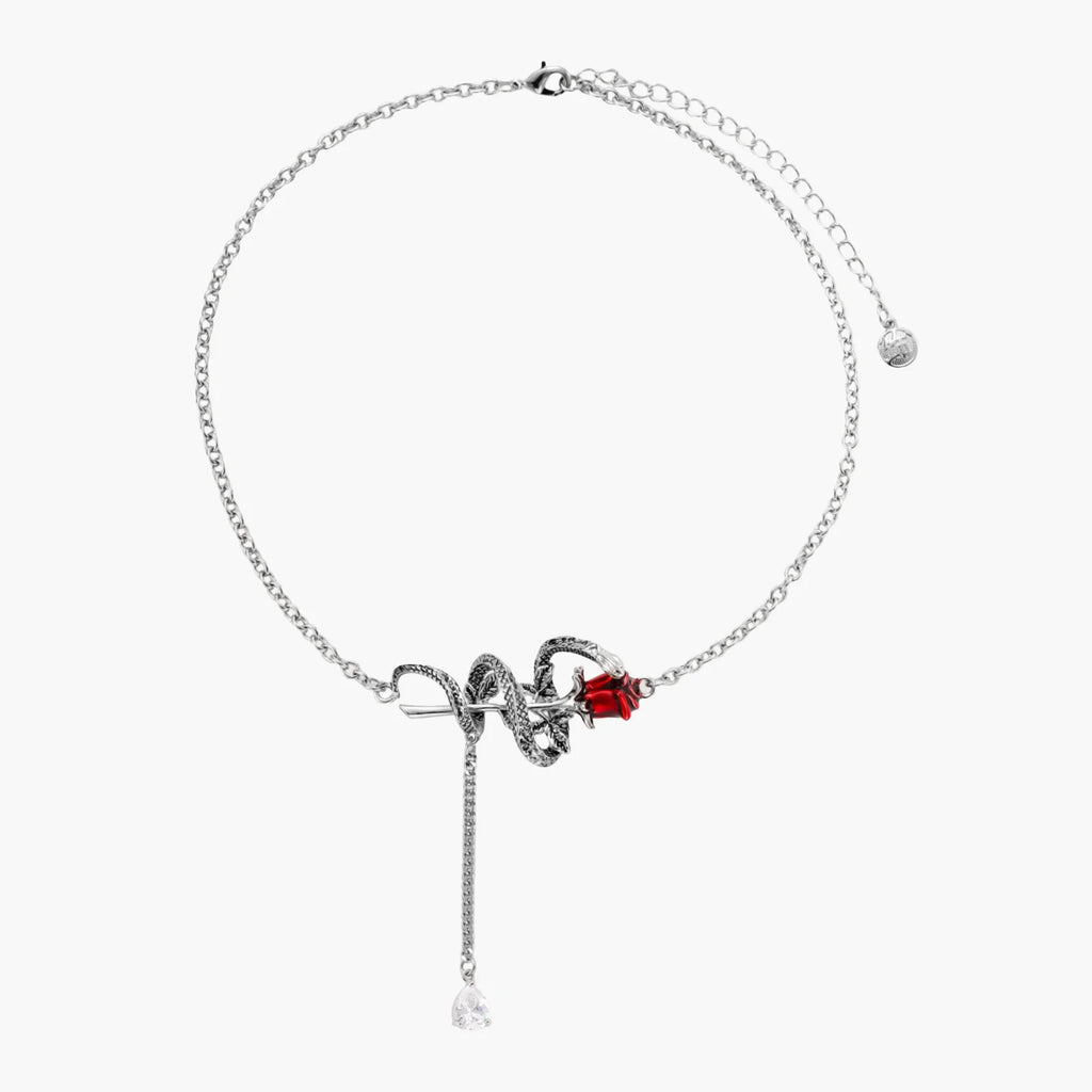 Silver necklace with a red gemstone on a white background