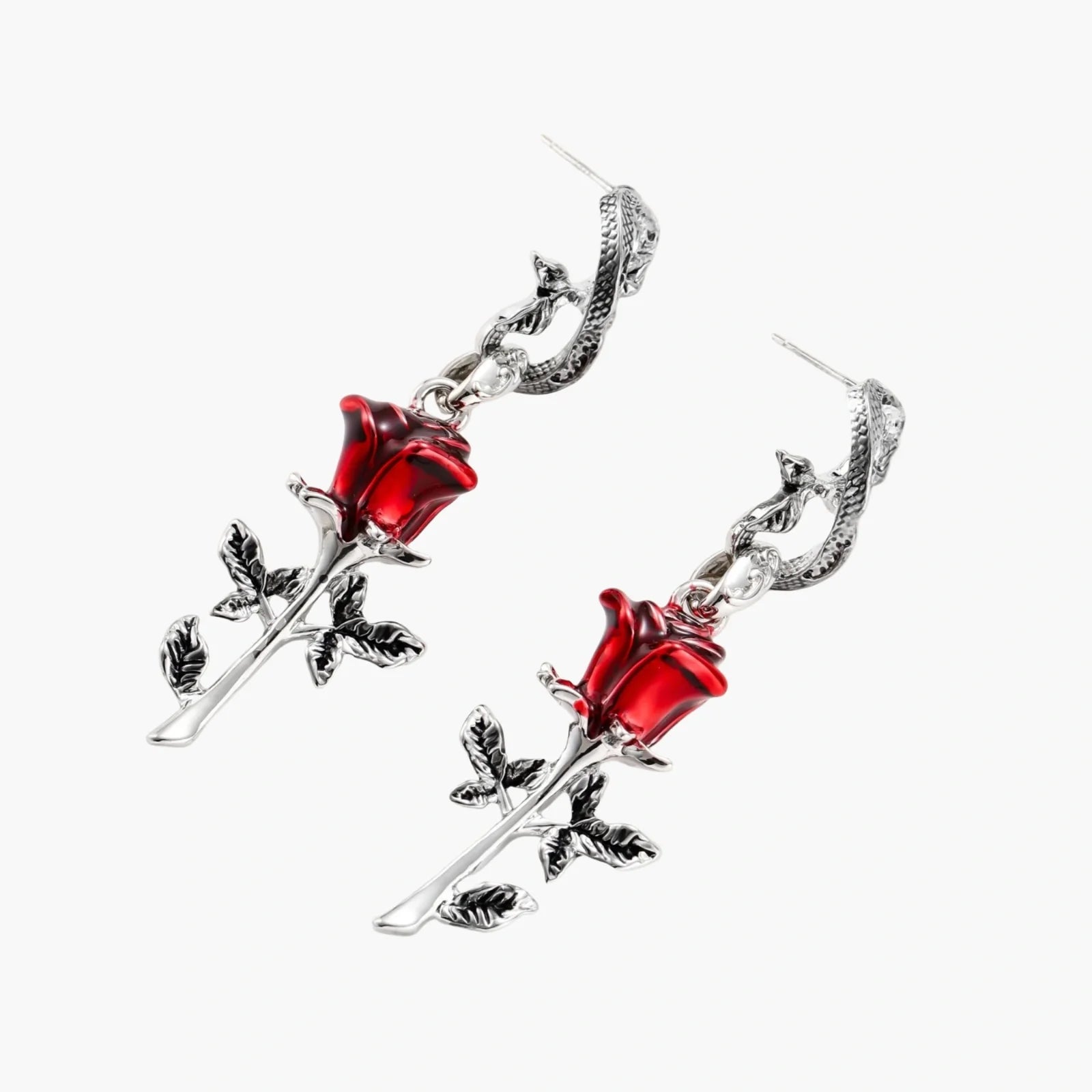 Pair of earrings with red rose design on a white background