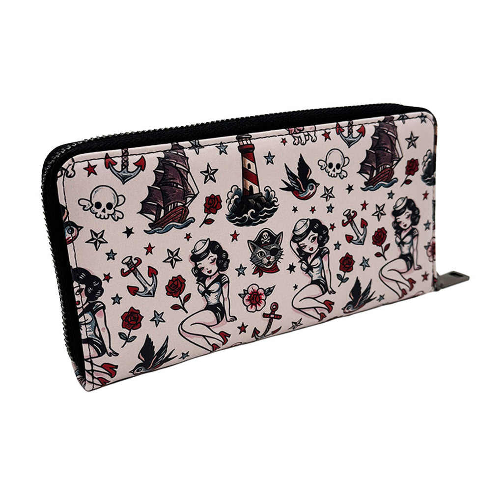 Wallet with vintage tattoo design on a white background