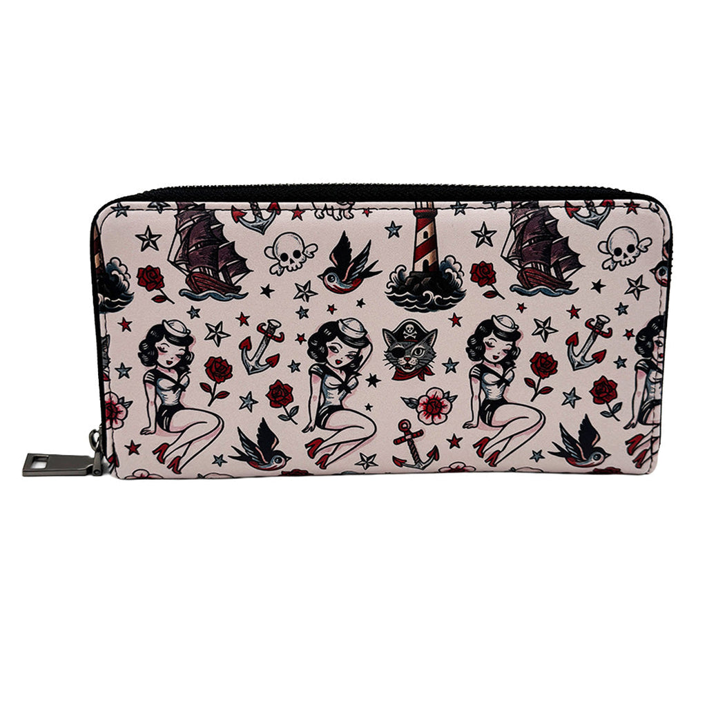 Wallet with vintage tattoo design featuring pin-up girls, ships, and lighthouses on a beige background.