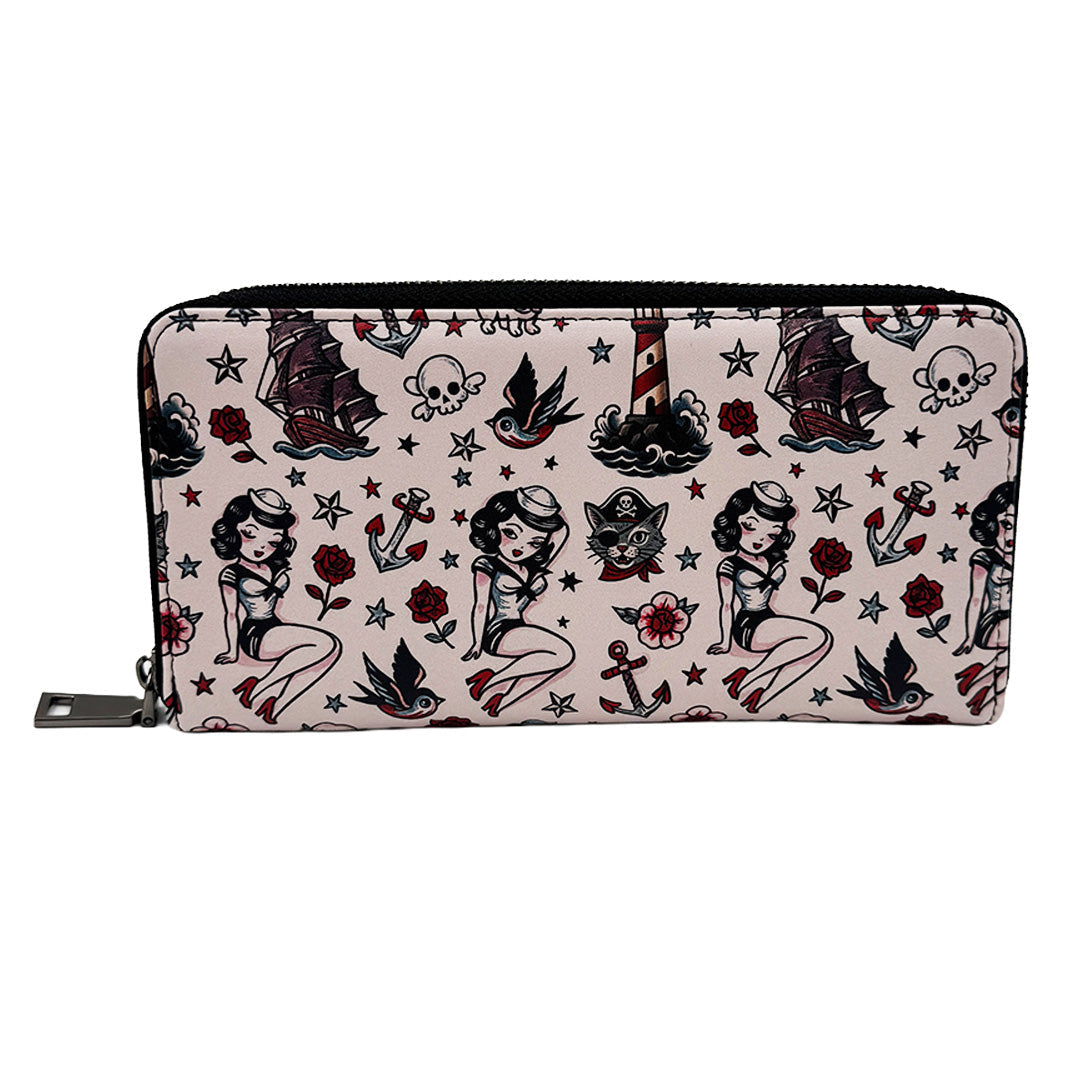 Wallet with vintage tattoo design featuring pin-up girls, ships, and lighthouses on a beige background.
