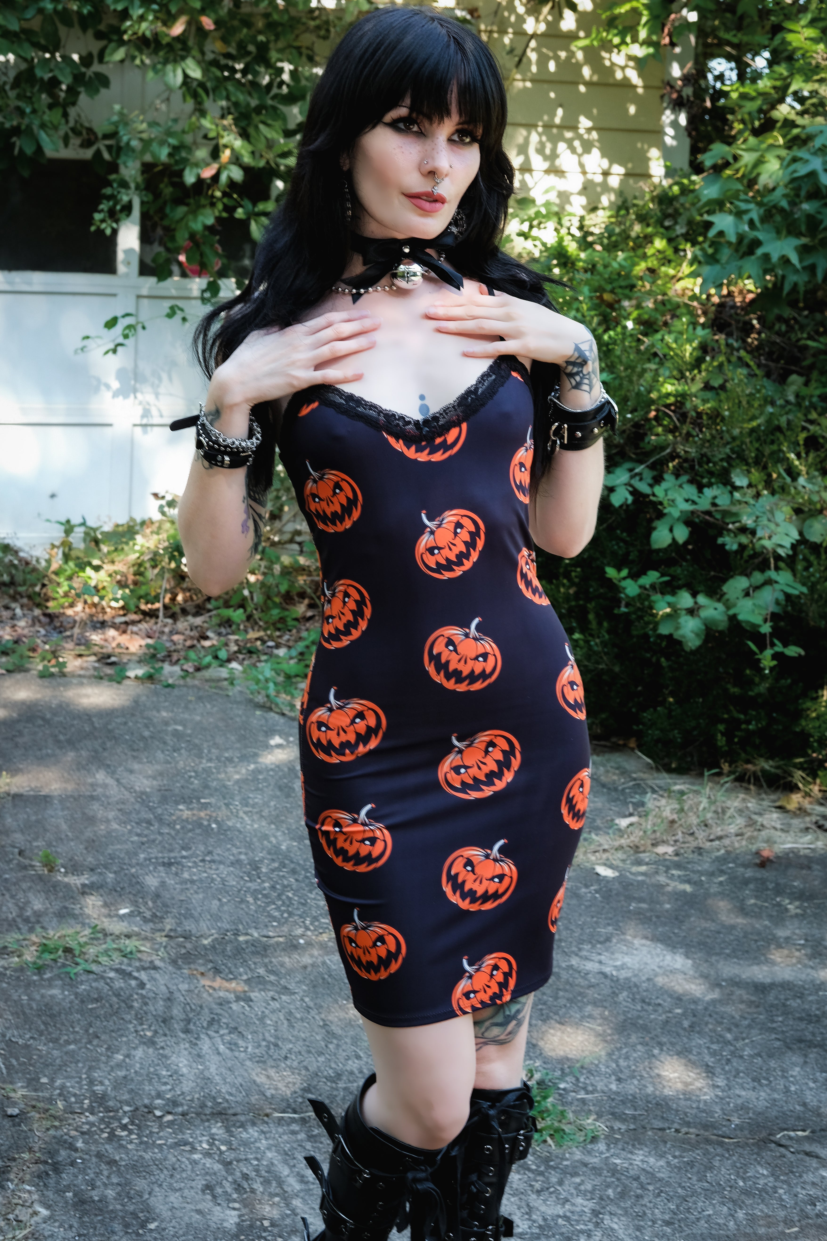 Vera's Eyecandy Halloween Pumpkins Print Lace Strap Dress