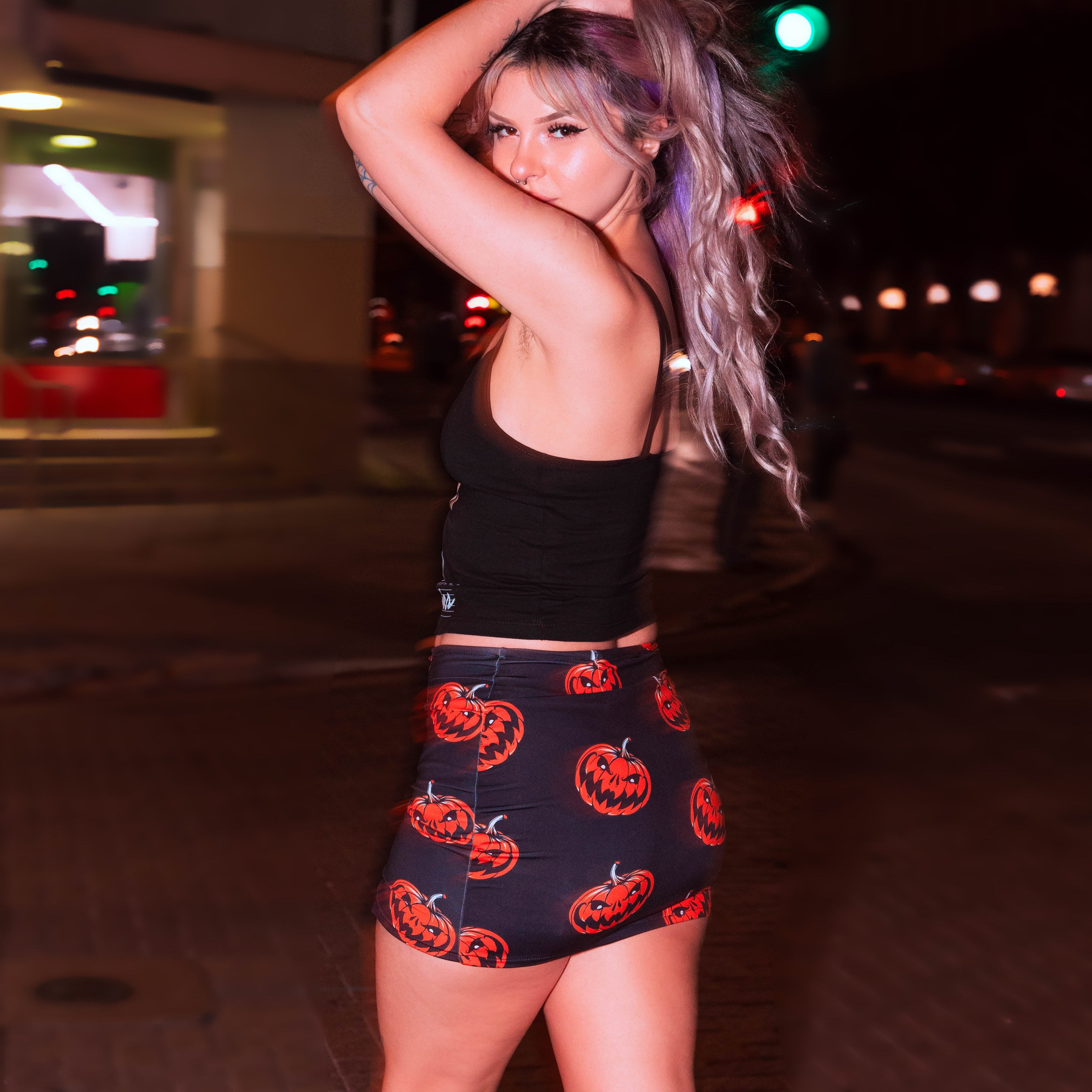 Vera's Eyecandy Halloween Evil Pumpkins Mini Zip Skirt – Midnight