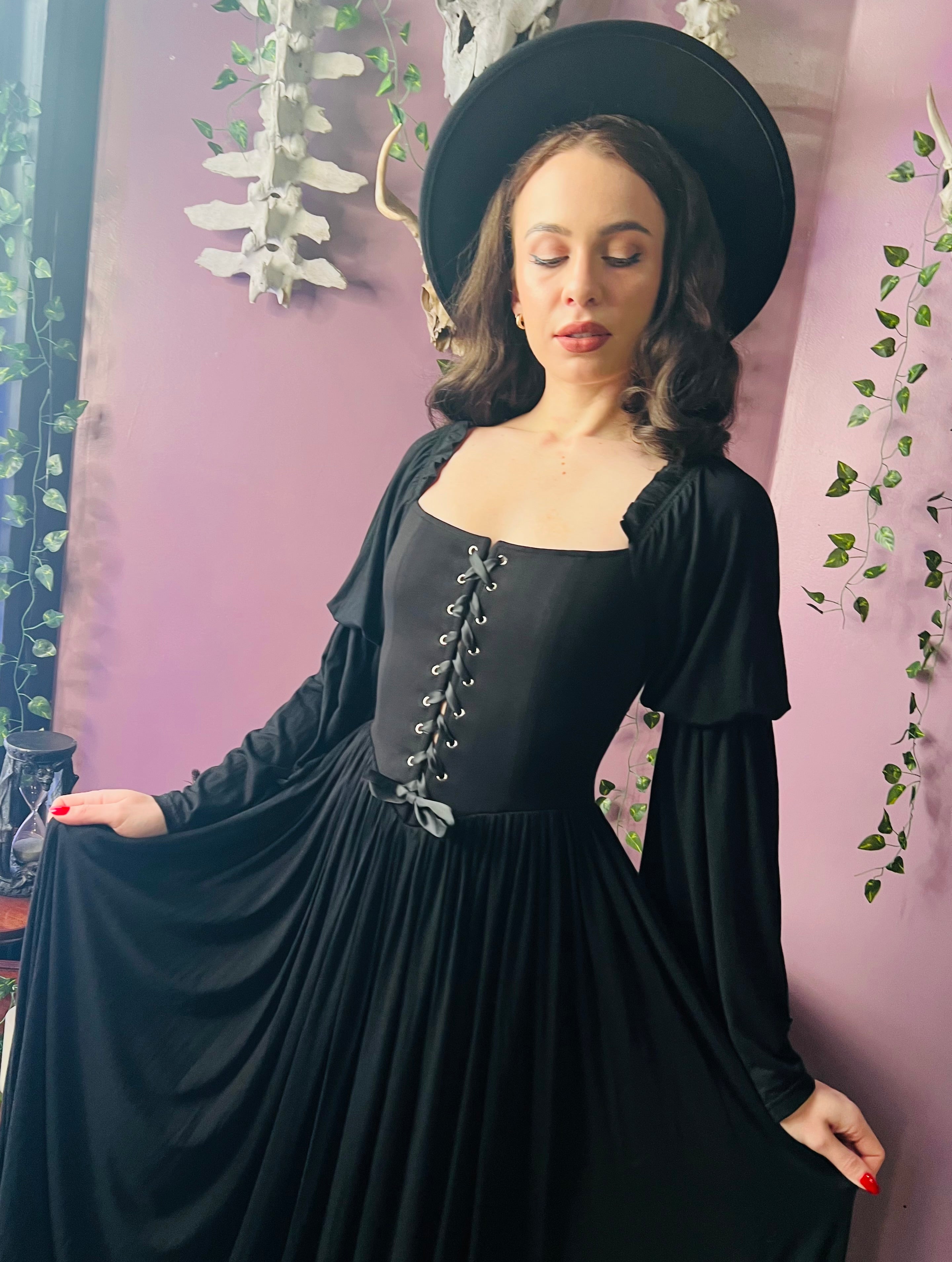 Witchwood Lilith Dark Cottage Goth Lace Up Jersey Dress