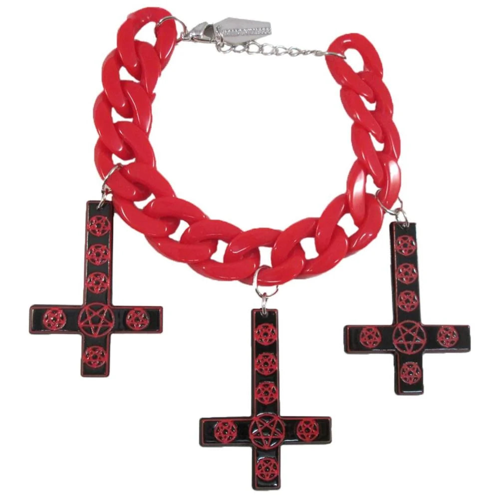 Kreepsville 666 Inverted Cross Pentagram Bracelet Red