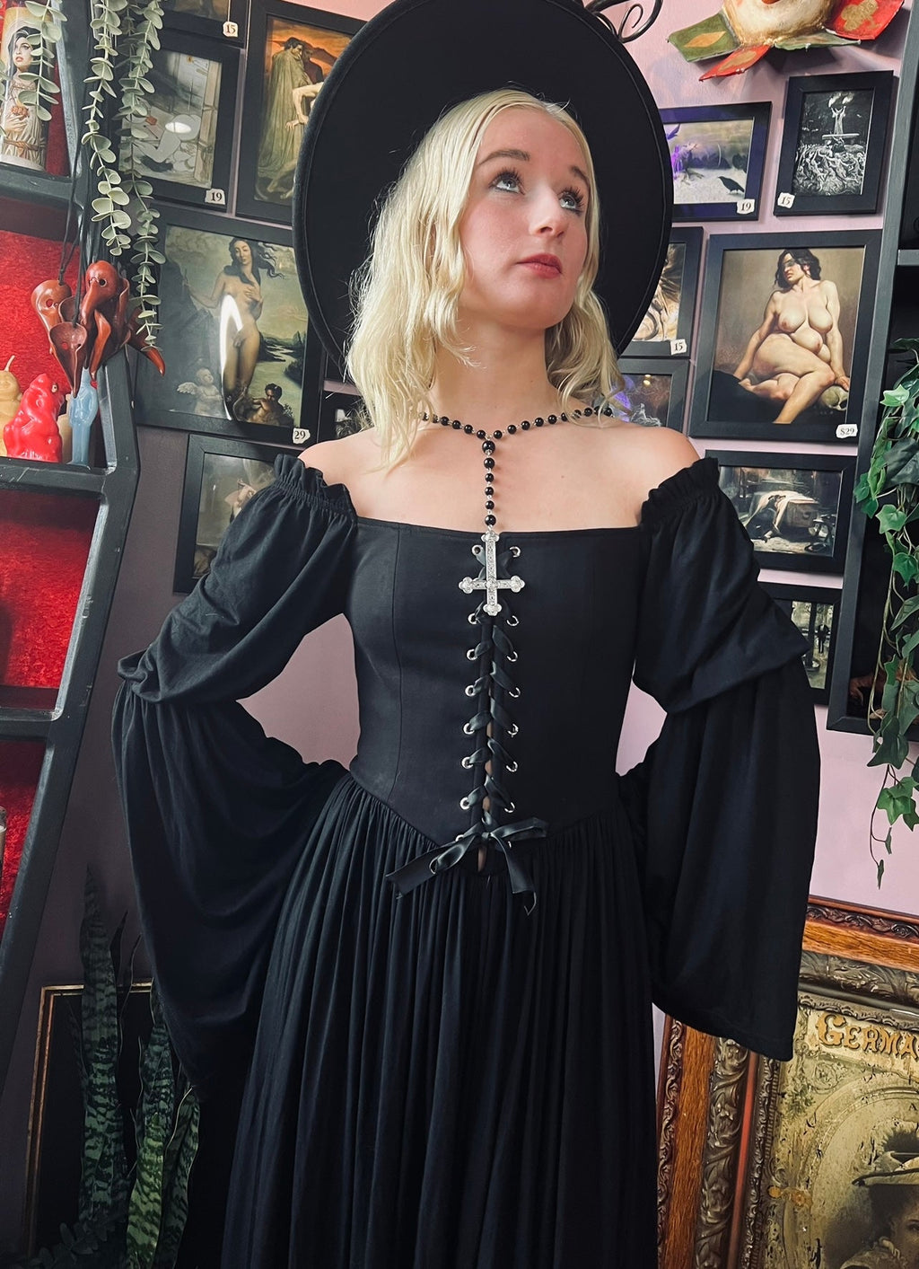 Witchwood Lilith Dark Cottage Goth Lace Up Jersey Dress