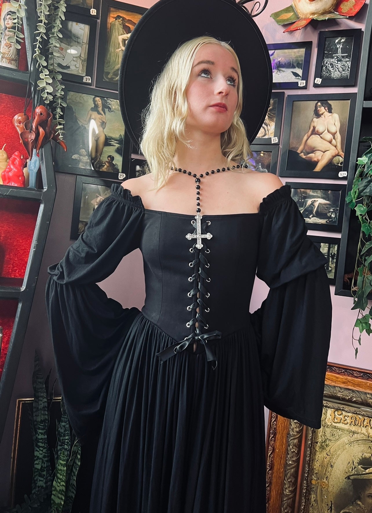 Witchwood Lilith Dark Cottage Goth Lace Up Jersey Dress
