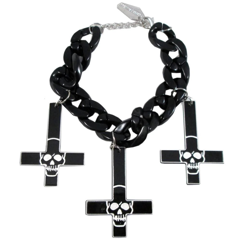 Kreepsville 666 Inverted Cross Skull Bracelet Black