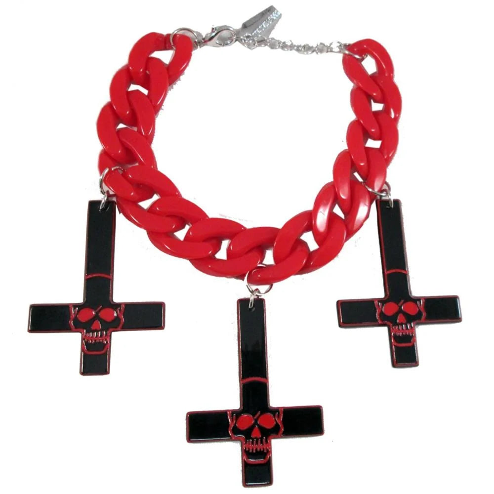Kreepsville 666 Inverted Cross Skull Bracelet Red