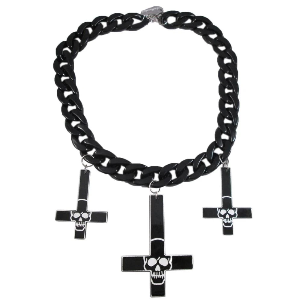 Kreepsville 666 Inverted Cross Skull Necklace Black