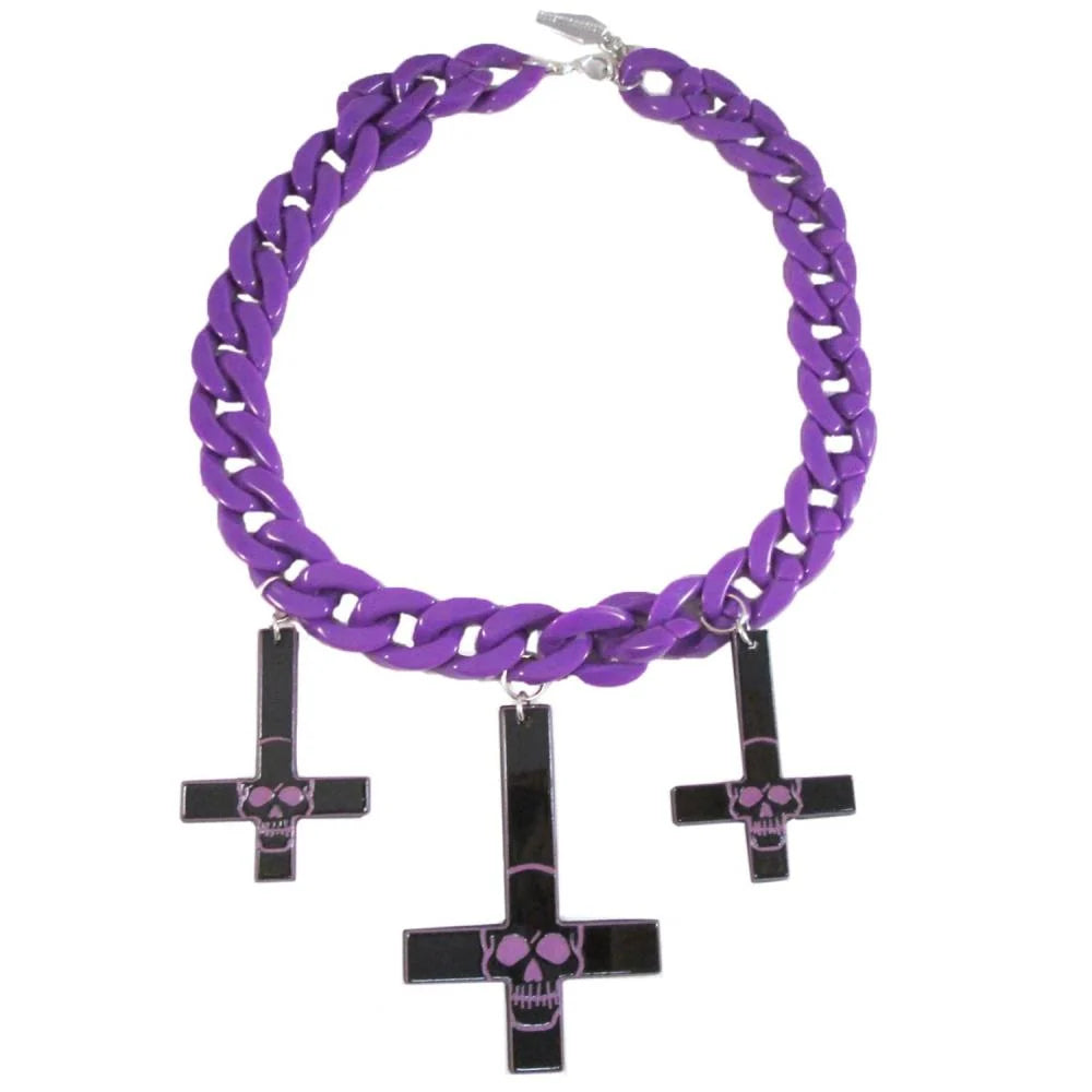 Kreepsville 666 Inverted Cross Skull Necklace Purple
