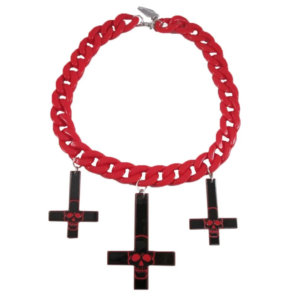 Kreepsville 666 Inverted Cross Skull Necklace Red