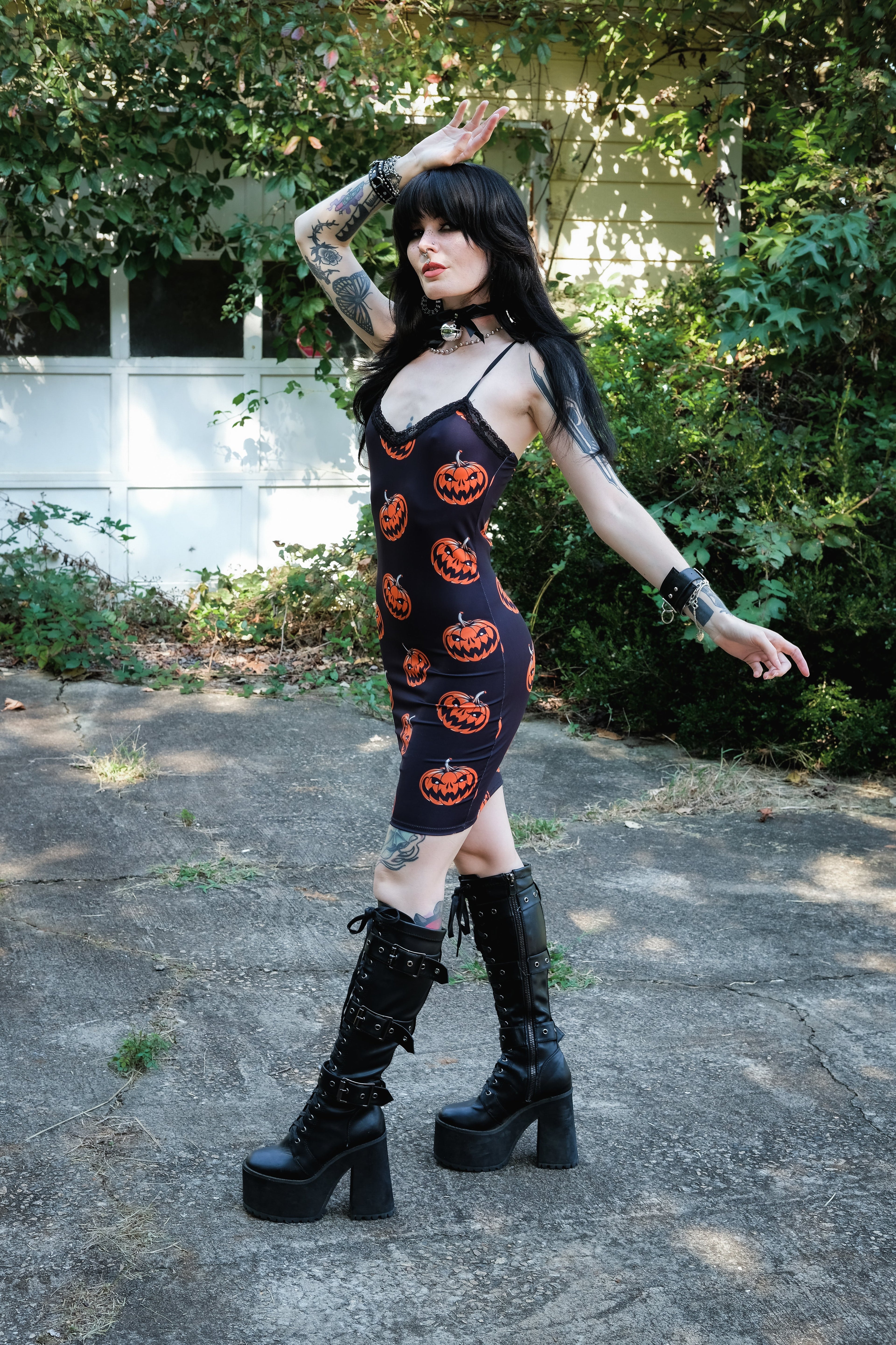 Vera's Eyecandy Halloween Pumpkins Print Lace Strap Dress