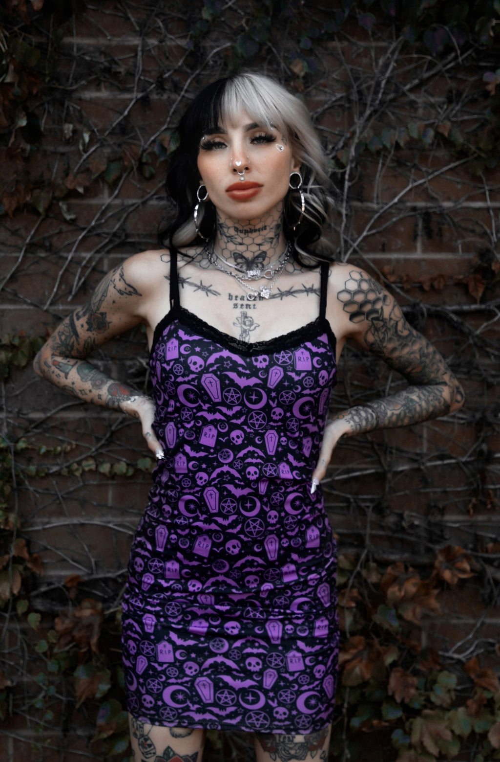 Vera's Eyecandy Witchy Halloween Print Lace Strap Dress