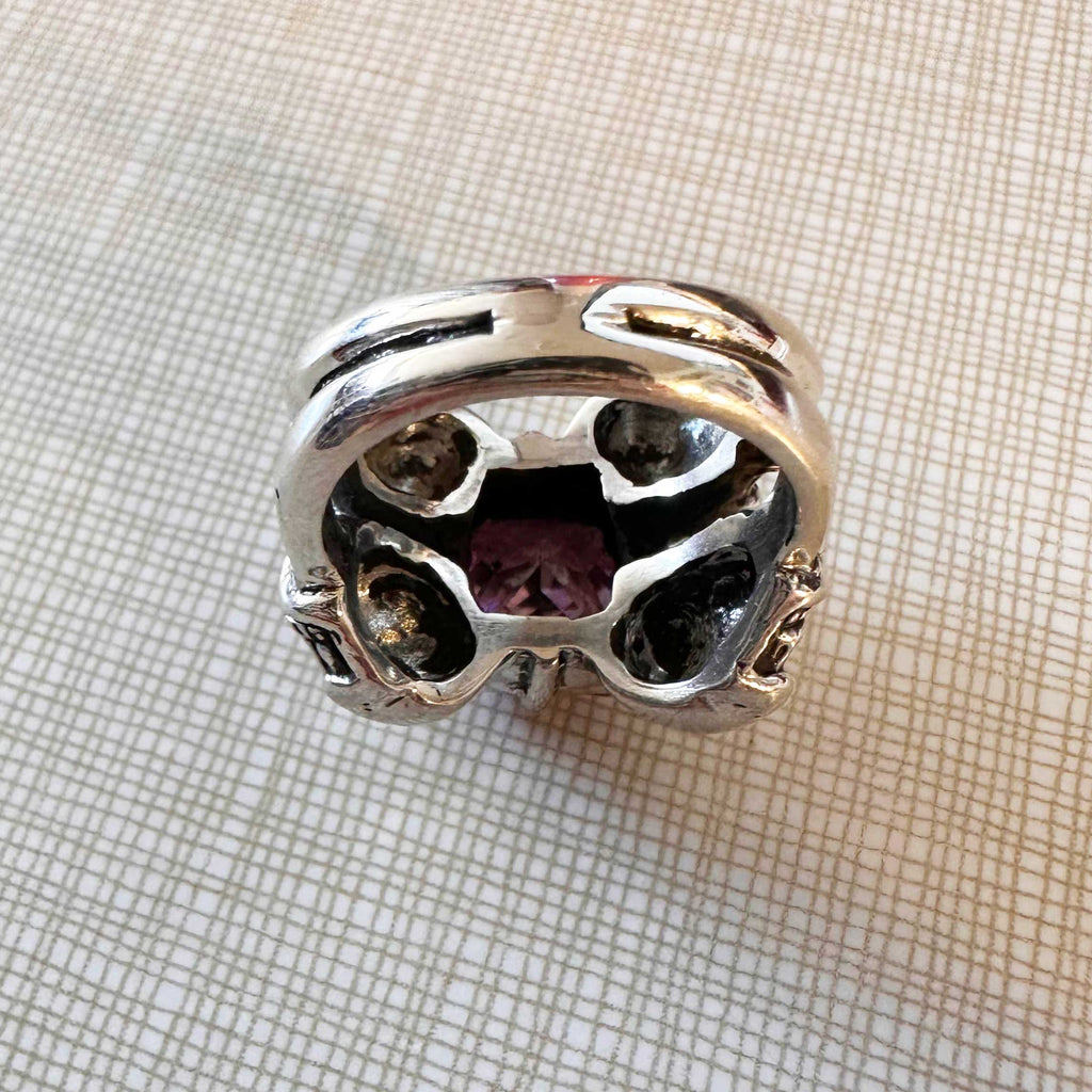 Femme Metale 4 Friends Skulls Pink Gem Fine 925 Silver Ring