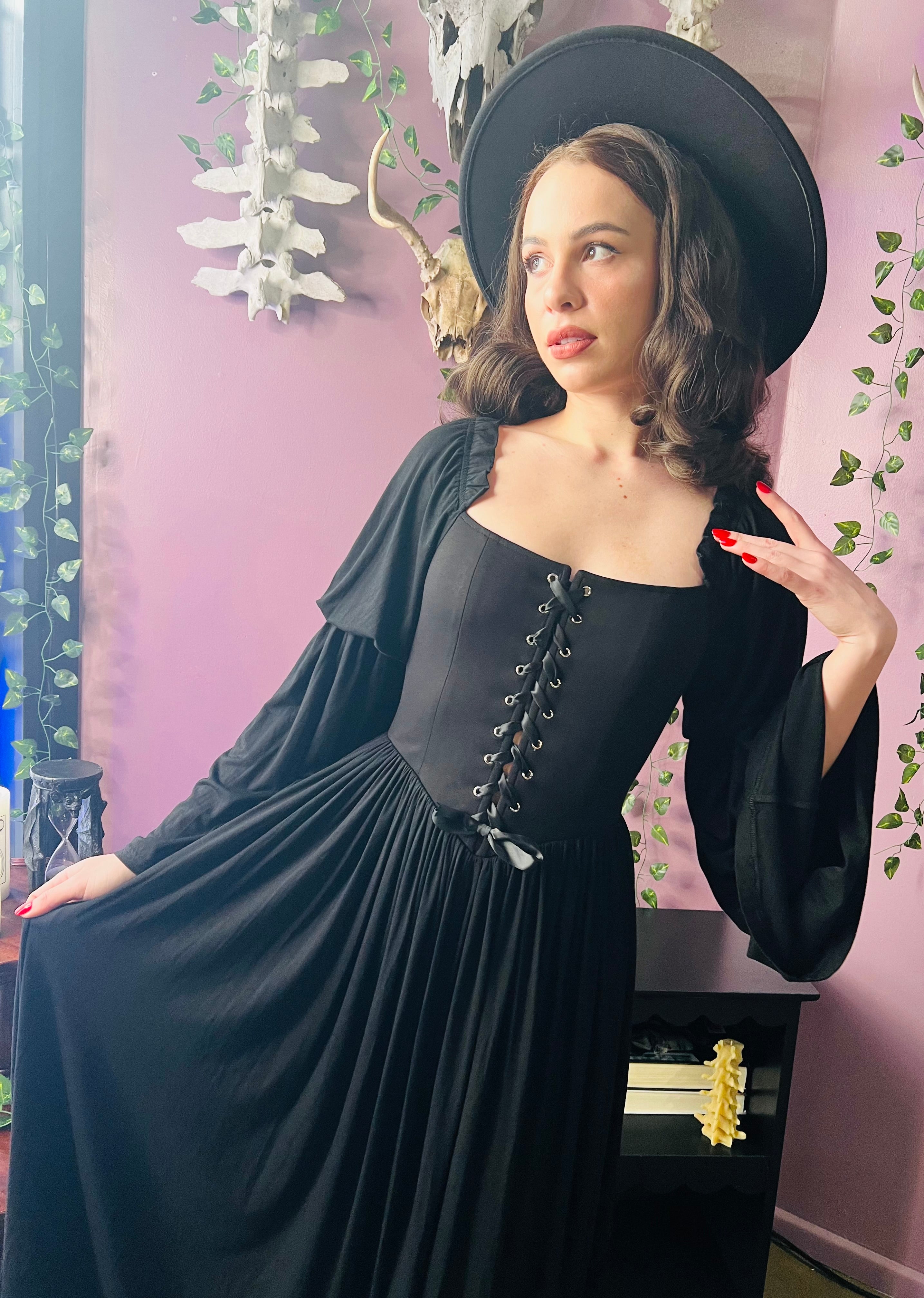 Witchwood Lilith Dark Cottage Goth Lace Up Jersey Dress