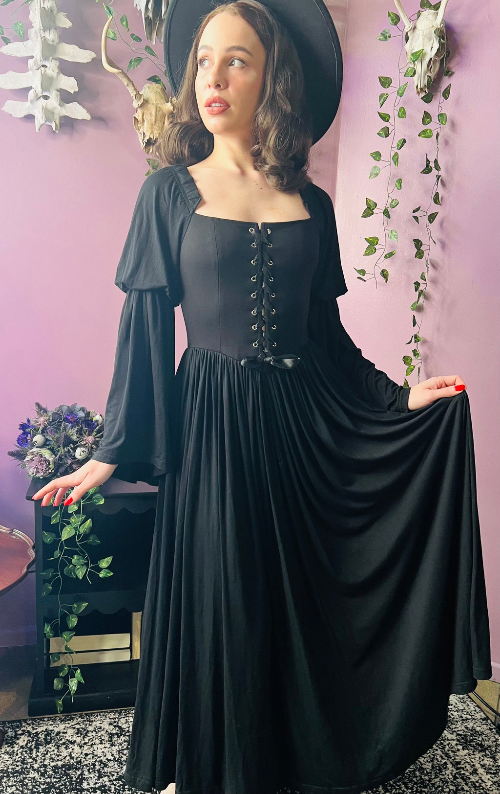 Witchwood Lilith Dark Cottage Goth Lace Up Jersey Dress