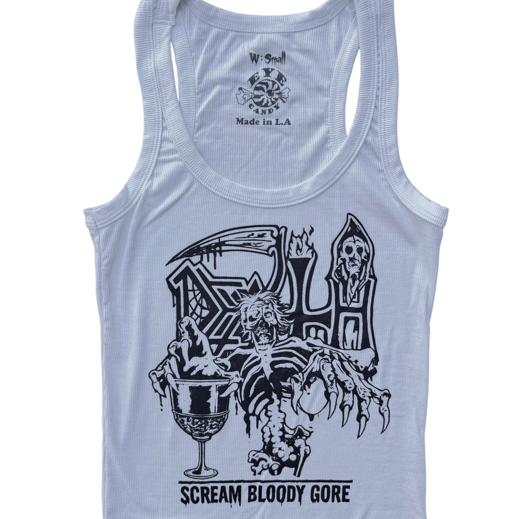 Gray tank top with black graphic design and text on a white background