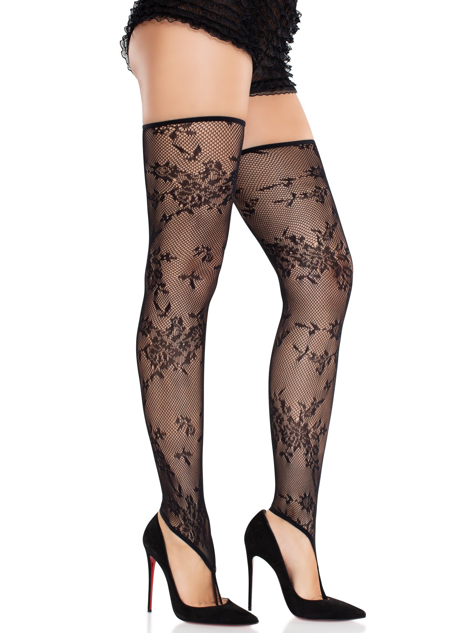 Leg Avenue Zenya Toe Loop Footless Floral Lace Thigh Highs