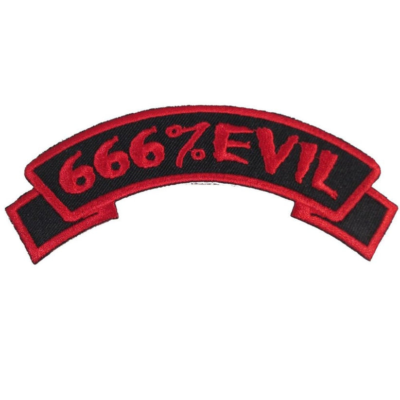 Embroidered patch with '666% Evil' text on a white background