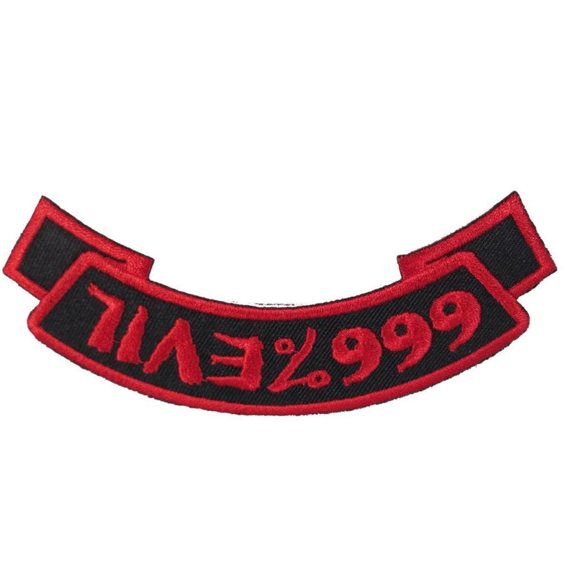 Embroidered patch with '666% Evil' text on a white background