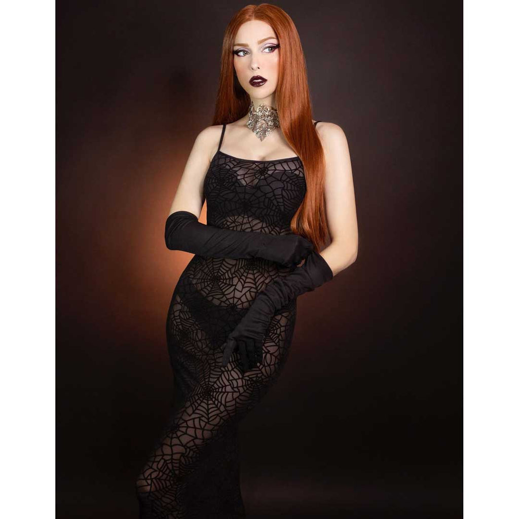 Witchwood Sheer Hourglass Velvet Spiderwebs Maxi Dress
