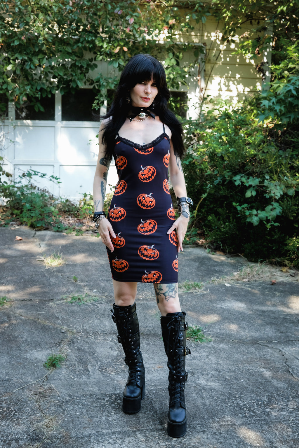 Vera's Eyecandy Halloween Pumpkins Print Lace Strap Dress
