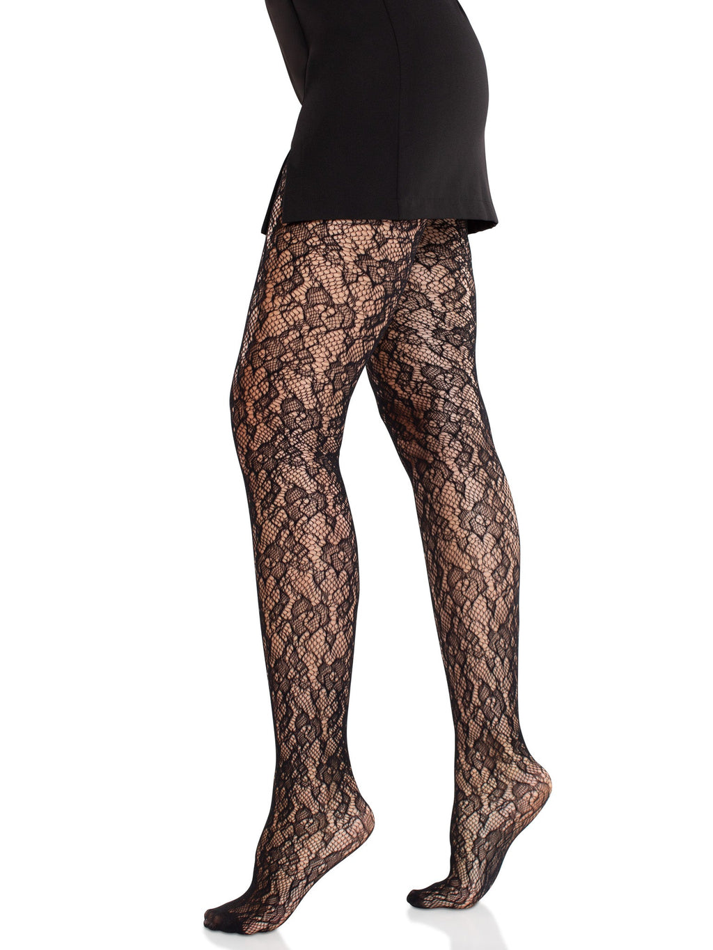 Black lace tights worn by a person on a white background