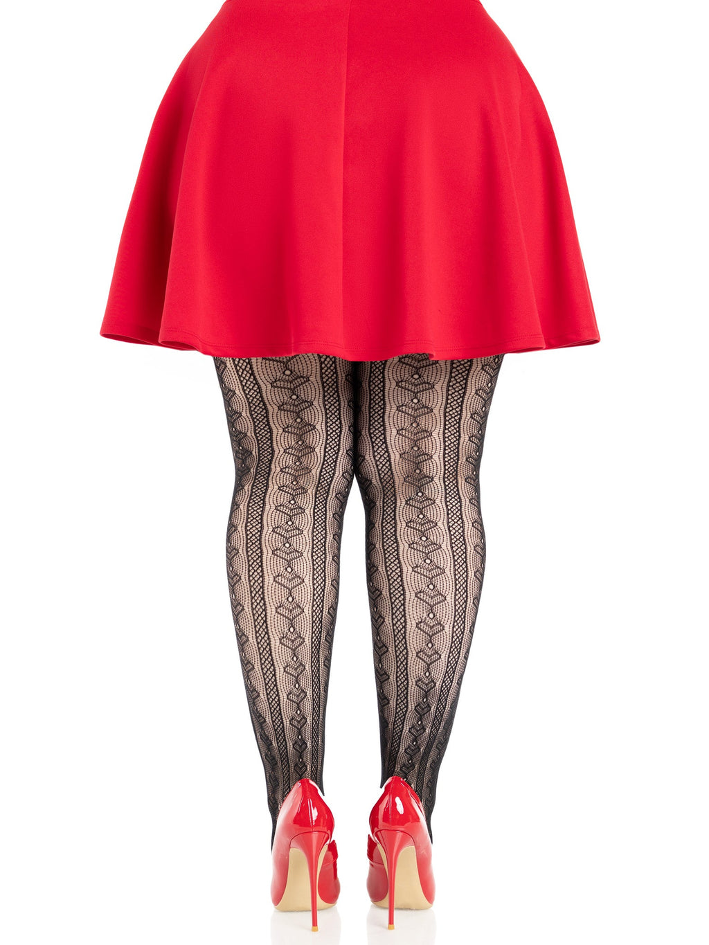 Red skirt, black patterned tights, and red high heels on a white background
