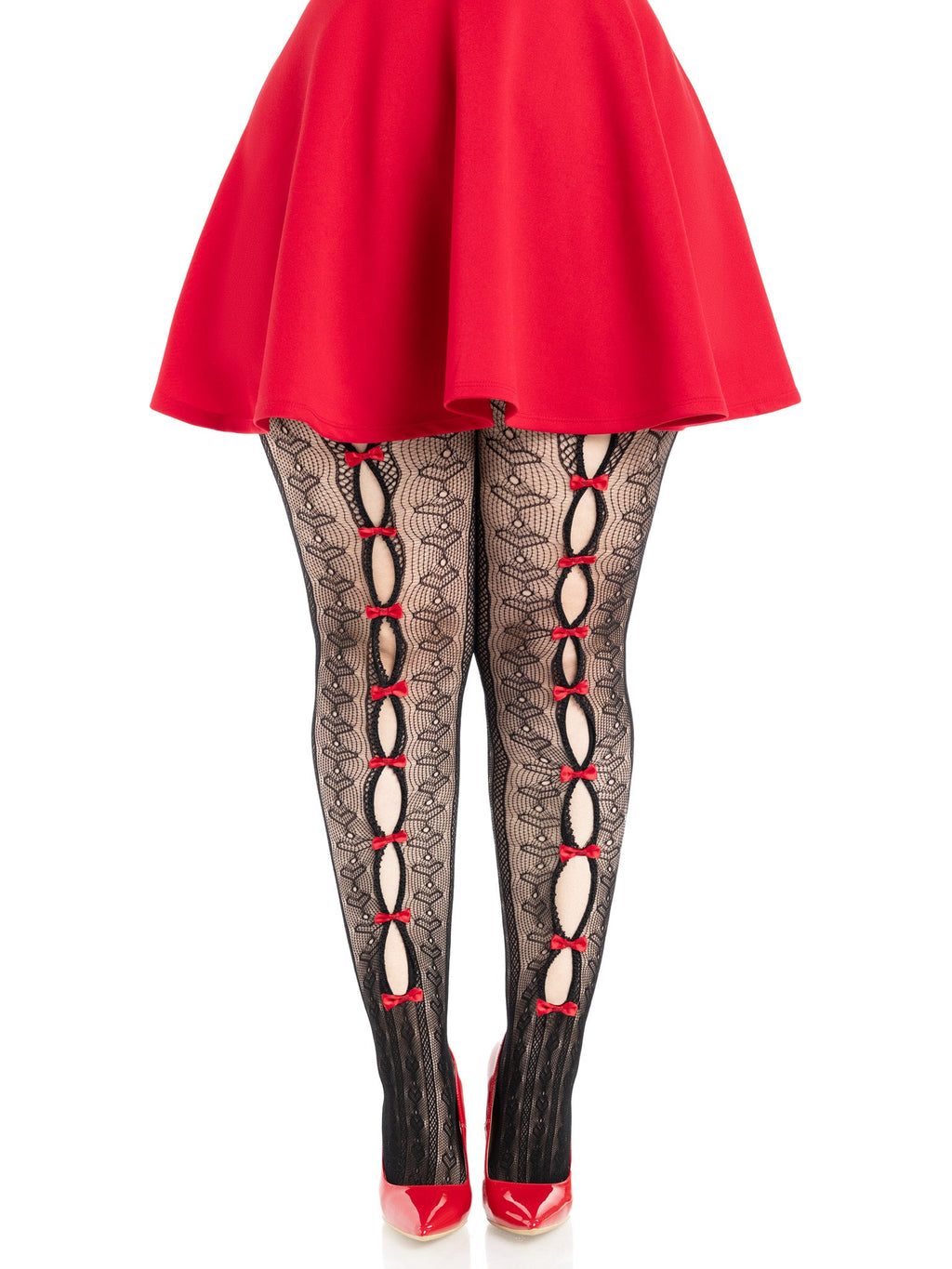 Black tights with red accents worn by a person in a red skirt on a white background
