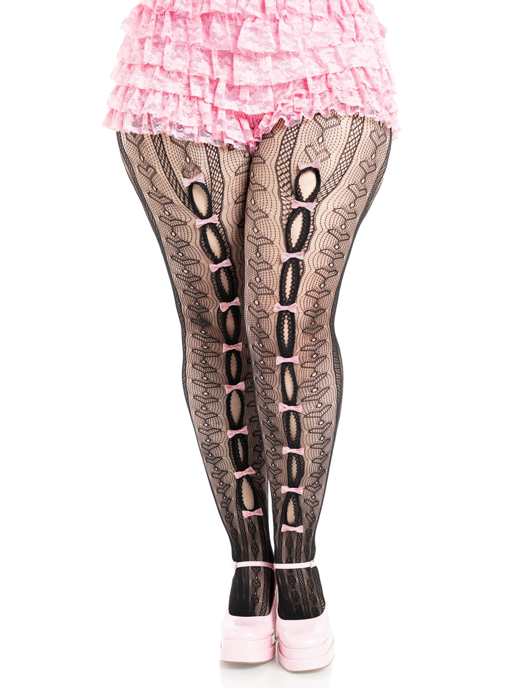 Black lace tights with pink accents worn by a person on a white background