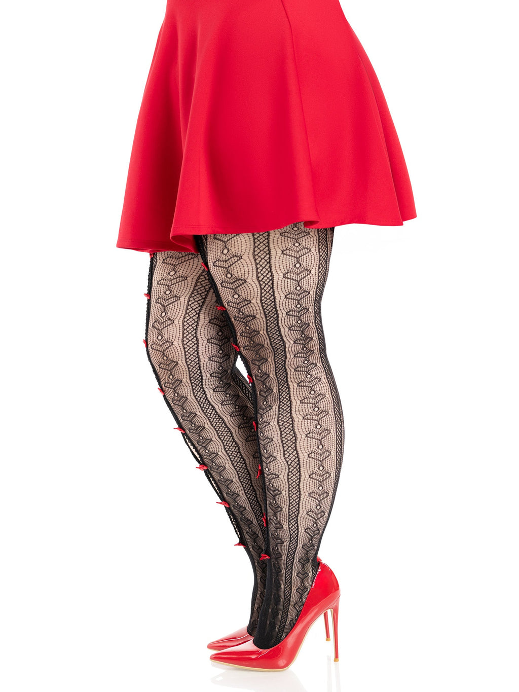 Black lace tights worn with a red outfit on a white background