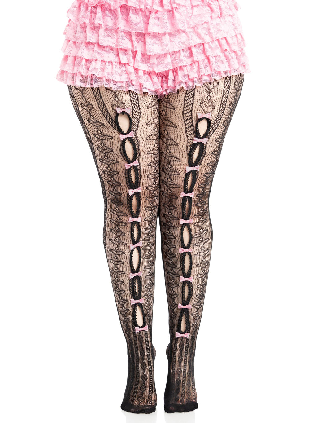 Black lace fishnet tights with pink accents worn over a pink ruffled skirt on a white background