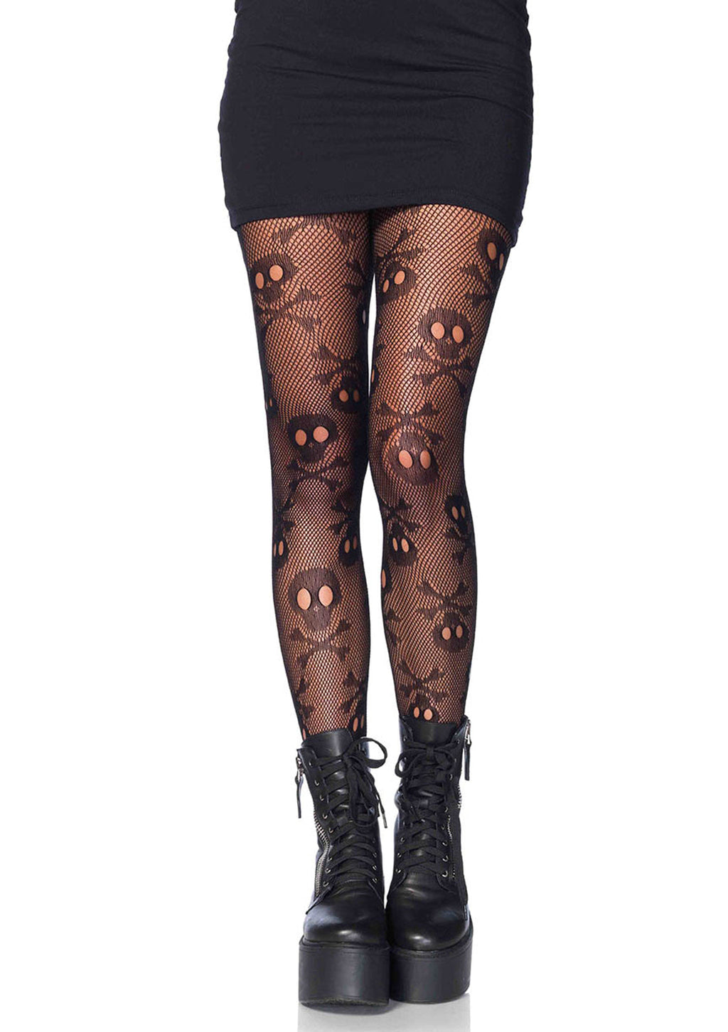 Black fishnet tights with skull design worn by a person on a white background
