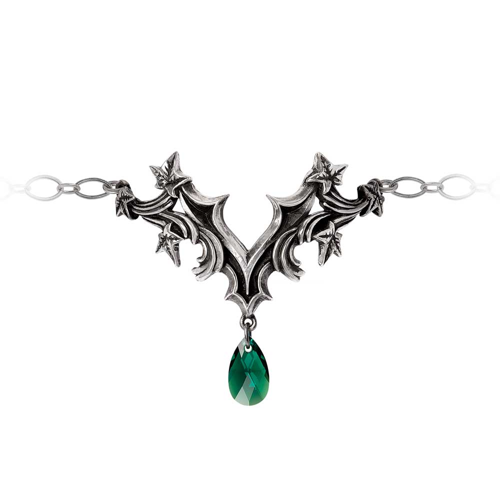 Silver necklace with green gemstone on a white background
