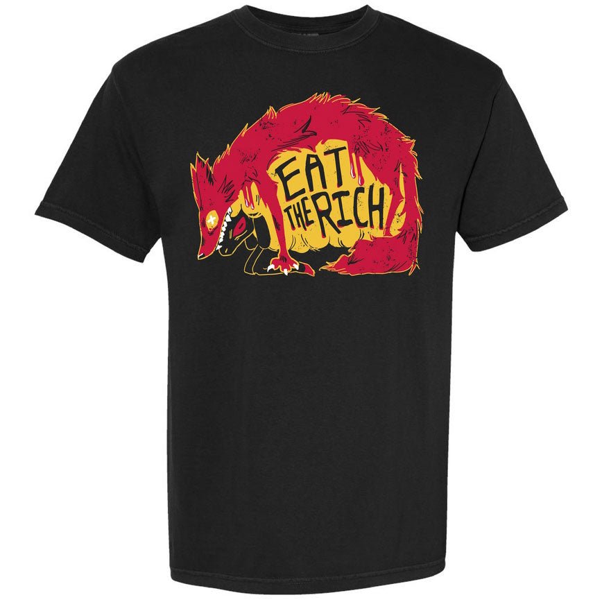 Black t-shirt with a red and yellow graphic of a bear and 'Eat the Rich' text on a white background
