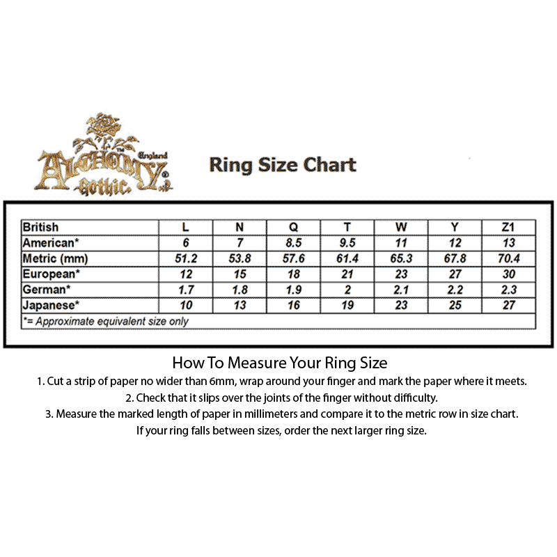 Alchemy Gothic ring size chart with measurement instructions on a white background