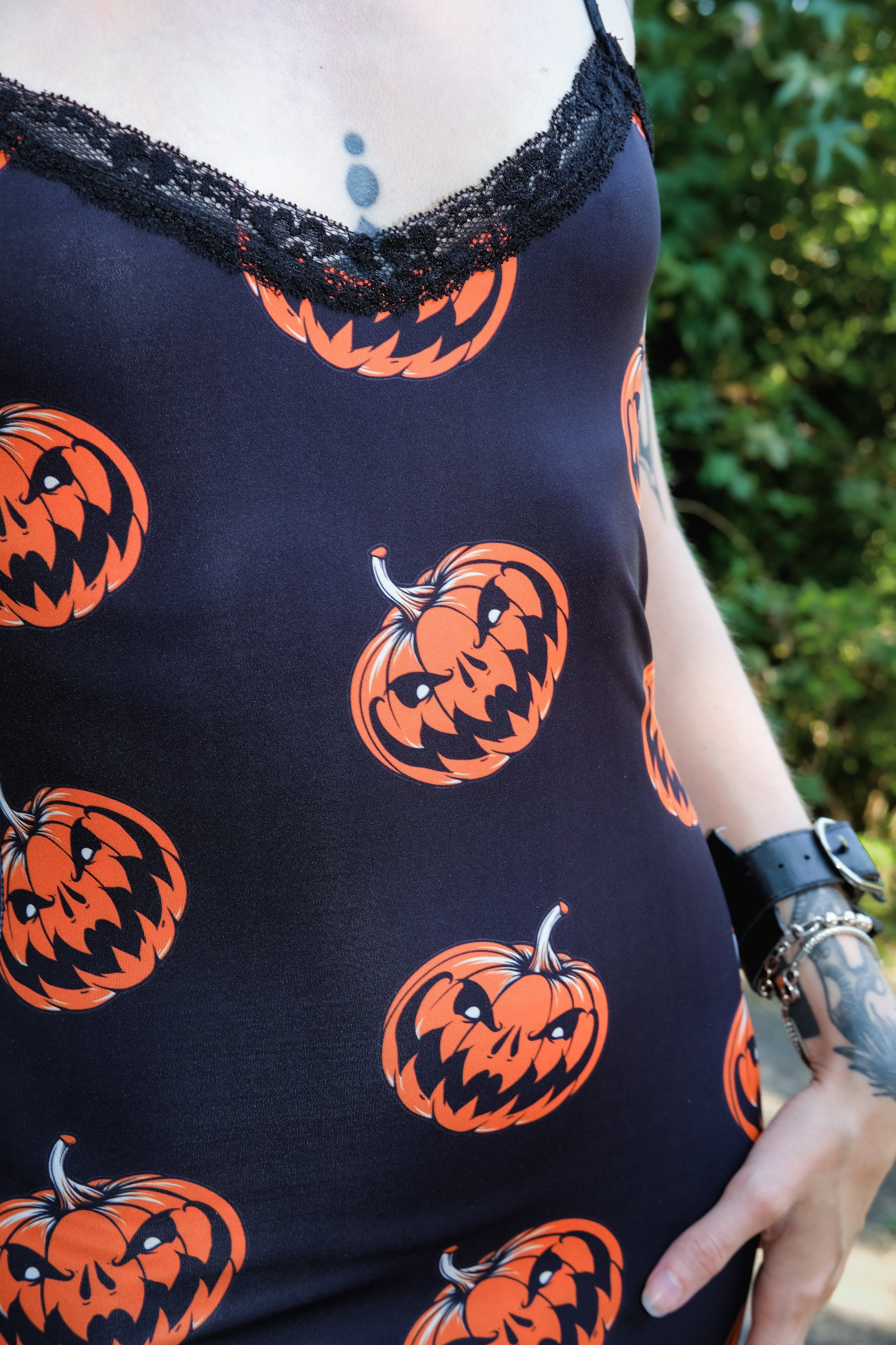 Vera's Eyecandy Halloween Pumpkins Print Lace Strap Dress