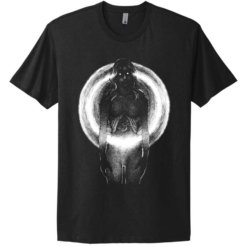 Black t-shirt with a graphic design of a silhouette in a circle on a white background
