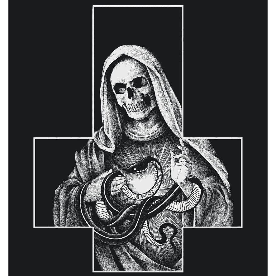 Skull in a hooded robe holding a snake on a black background